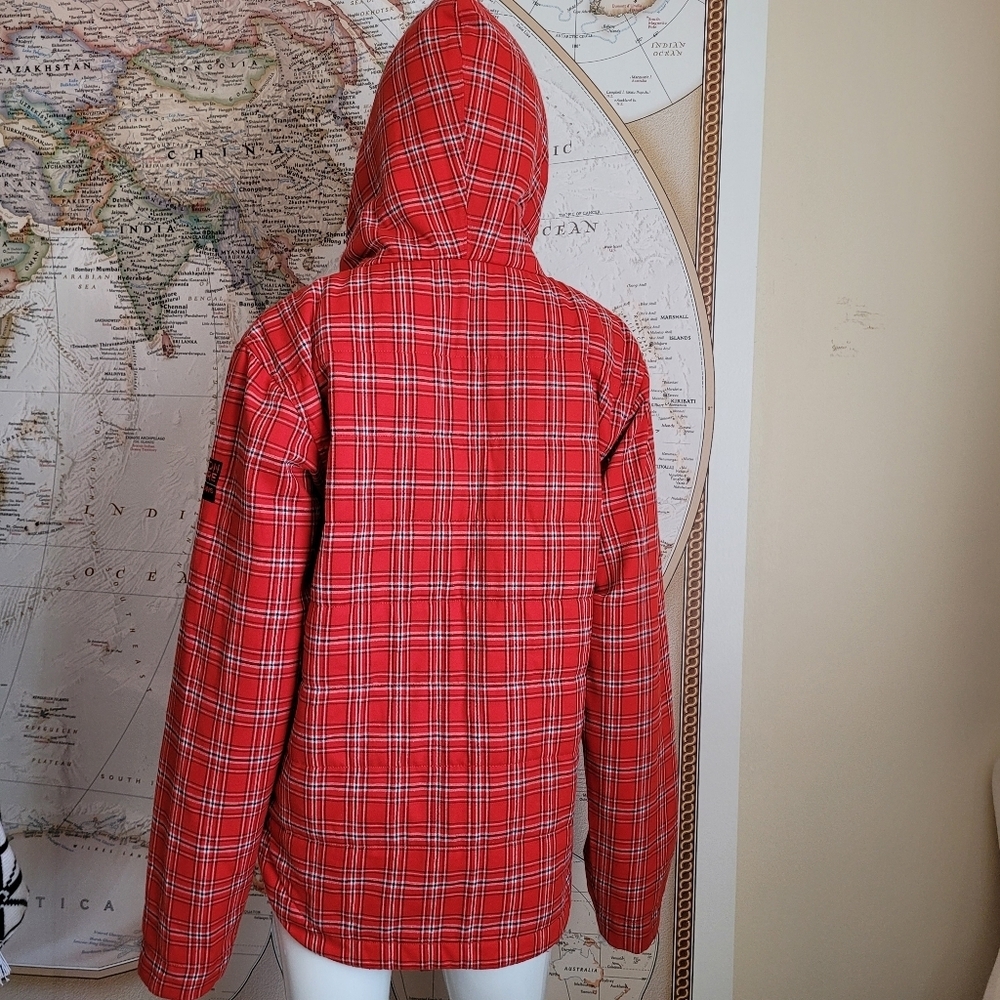 Bonfire Red Plaid Women's Zipper front jacket funnel collar hood gorpcore ski SP - Picture 12 of 13